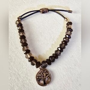 Adjustable Smoky Bead Bracelet with Tree of Life Charm